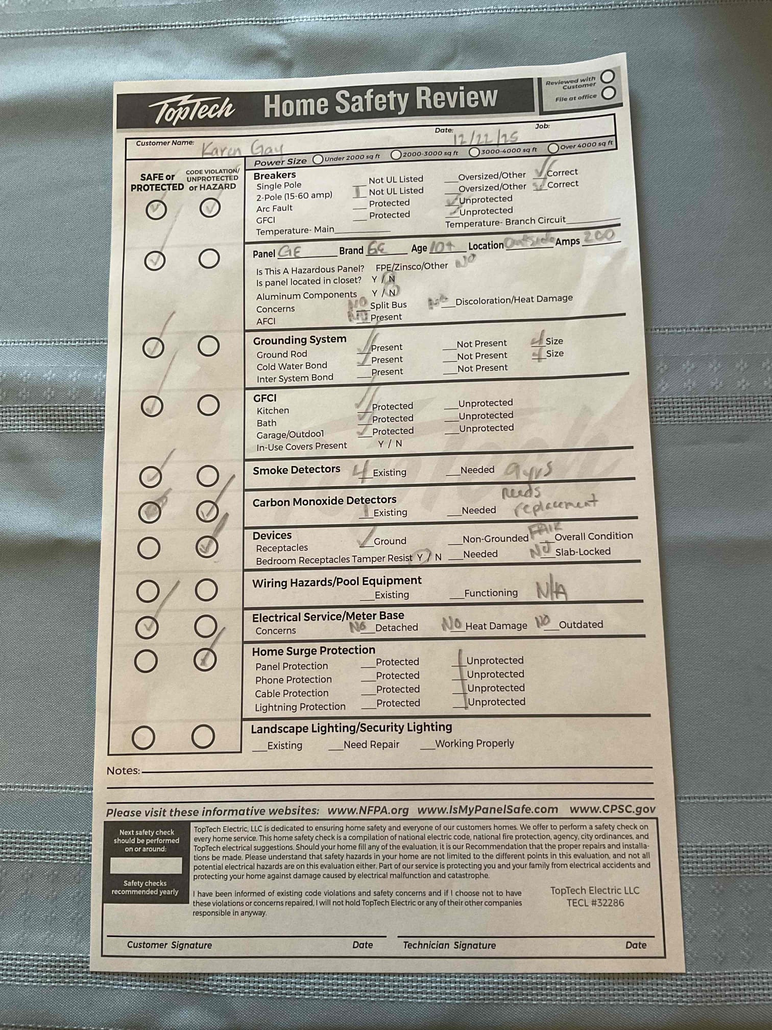 Arrived on site, and the customer stated she wanted a ceiling light fixture replaced in her restroom. I provided a solution for replacing the fixture. I also informed her that I would be performing a safety evaluation and asked if she would like solutions for any items that might come up. She stated she was only interested in receiving solutions for a surge protector and a breaker, and did not want solutions for any other findings. The customer understands that all quotes are valid for 30 days and will call back if she decides to move forward with any of the recommended solutions. Customer is 100% happy and satisfied with today’s visit.