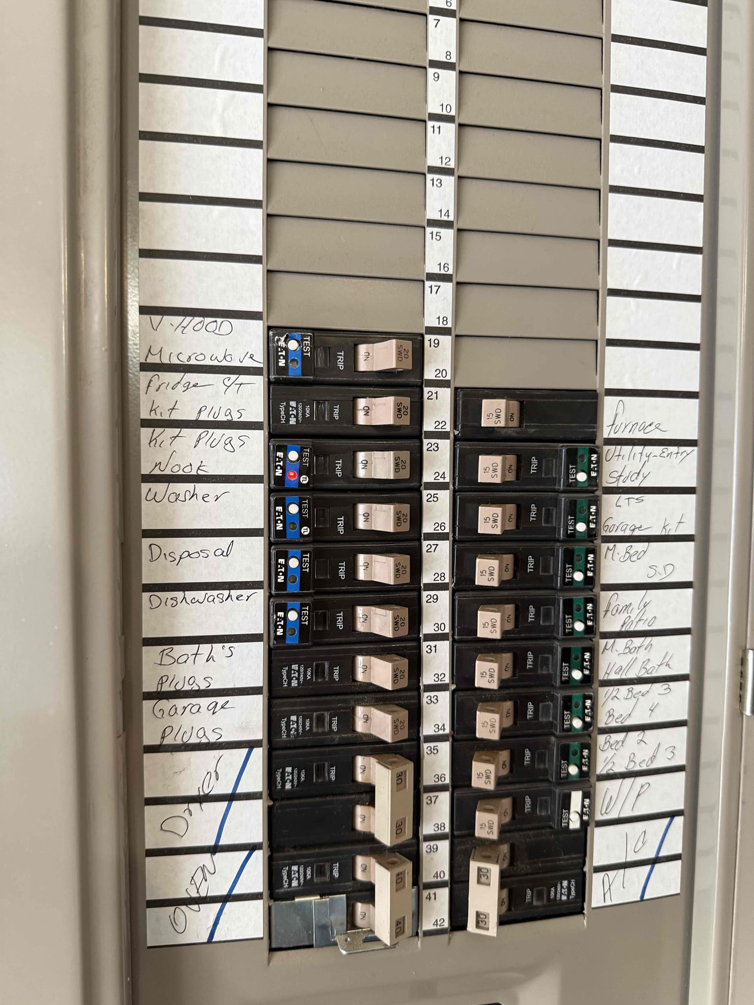 Replace the remaining 3 dual function breakers that are gen 2.  The three breakers were controlling microwave, disposal, and dishwasher. Tested all three breakers and checked voltage and everything was feeding power out correctly and there were no issues. Five year warranty on the three breakers that we replaced today. Explain to customer how breakers work and how to test and reset. Also explained Overloading the circuit. There are no issues at this time. 