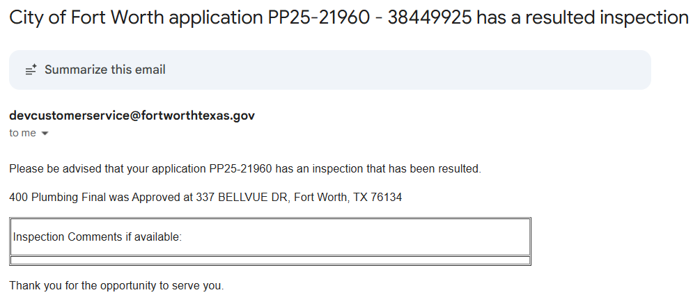 Plumbing final inspection has been approved by the city inspector and the permit is now closed out.