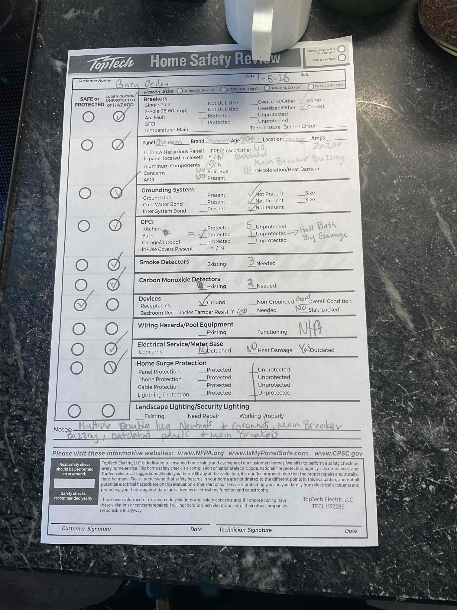Arrived on site and the customer stated that five kitchen LED fixtures were flickering and intermittently not operating throughout the day. Performed a minor troubleshooting service by opening the switch box to inspect the switch and verify voltage, as the customer had already replaced all five fixtures with new ones.

Found a Leviton dimmer switch installed with Mode A and Mode B settings. Manufacturer instructions indicate that if LED lights flicker or dim intermittently, the switch should be changed from Mode A to Mode B for proper operation. Adjusted the switch accordingly. While on site and during completion of the home safety evaluation, the lights operated properly with no further flickering observed.

During the safety inspection, noted that the electrical panels are outdated and over 40 years old. The right-side panel main breaker was buzzing and contained double-lugged neutrals and grounds. The home also lacks a proper grounding system, and multiple code violations were obser