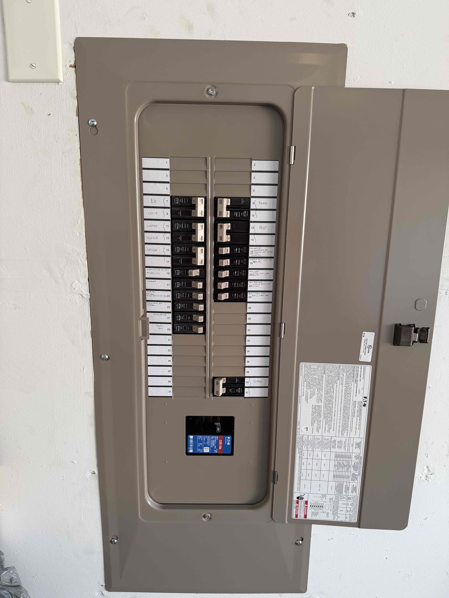 Troubleshoot and repair master bedroom circuit breaker tripping
1. Pull all city permits and inspection 
2. Install overhead main electric service (lifetime warranty)
3. Install weatherproof first responders disconnect (lifetime warranty)
4. Install 200 amp main breaker panel in garage (lifetime warranty)
5. Install grounding system 
6. Install whole home ultra surge protector - 108k amps protection (lifetime warranty)
7. Install AFCI and GFCI protection for all required circuits and locations 
8. Install battery powered smoke detectors in bedrooms and smoke/CO detector in hallway

*$220 charge from Oncor
*Includes original troubleshoot at no charge 

Replaced 200 amp panel in garage and properly grounded it with ground rod and cold water bond.  Replaced 200 amp overhead service and installed emergency responders disconnect by service.  Installed whole home surge protection, battery smokes, and gfci protection in all required locations.  