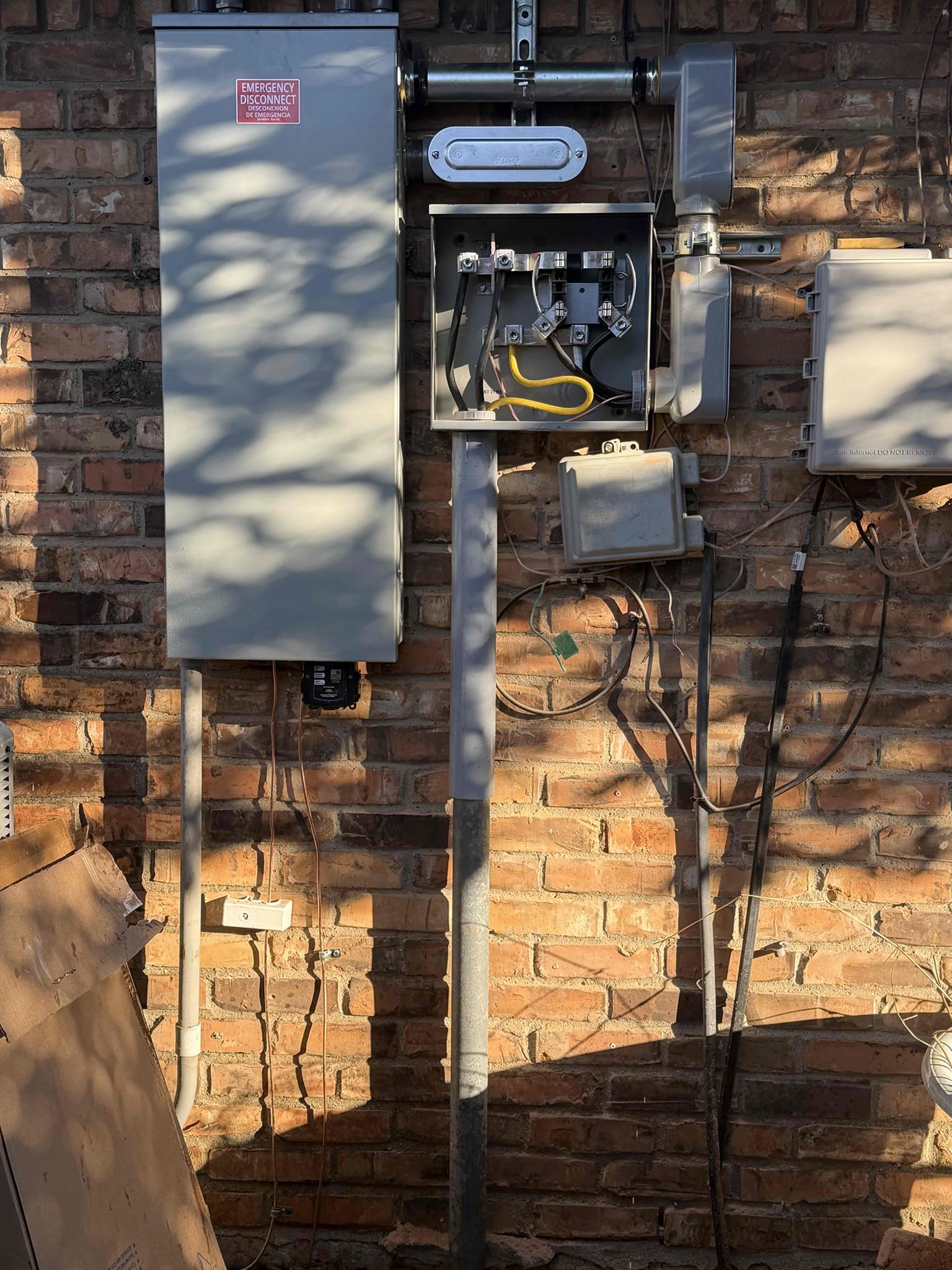 Customer called about over voltage at some outlets and under voltage at others. Arcing can be heard inside the meter base. 

Opened main electric panel check voltages. Found issue is intermittent. Home currently has original meter base with a Federal Pacific panel in the master bedroom closet as well as an older QO panel next to the meter. Feeder wires are double lugged inside the meter base and burning up.

1. Pull all city permits and inspection 
2. Replace burnt up meter base (lifetime warranty)
3. Relocate all circuits to outside next to meter and condense into 1 panel
4. Install weatherproof 200 amp main breaker next to meter (lifetime warranty)
5. Install grounding system
6. Install whole home surge protector - 108k amps protection (lifetime warranty)
7. Install GFCI protection for all required wet locations
8. Install customer supplied battery powered bluetooth interconnected smoke detectors in bedrooms and hallways (Free)

Marco@calltoptech.com
682-262-5759

Replaced and reloca