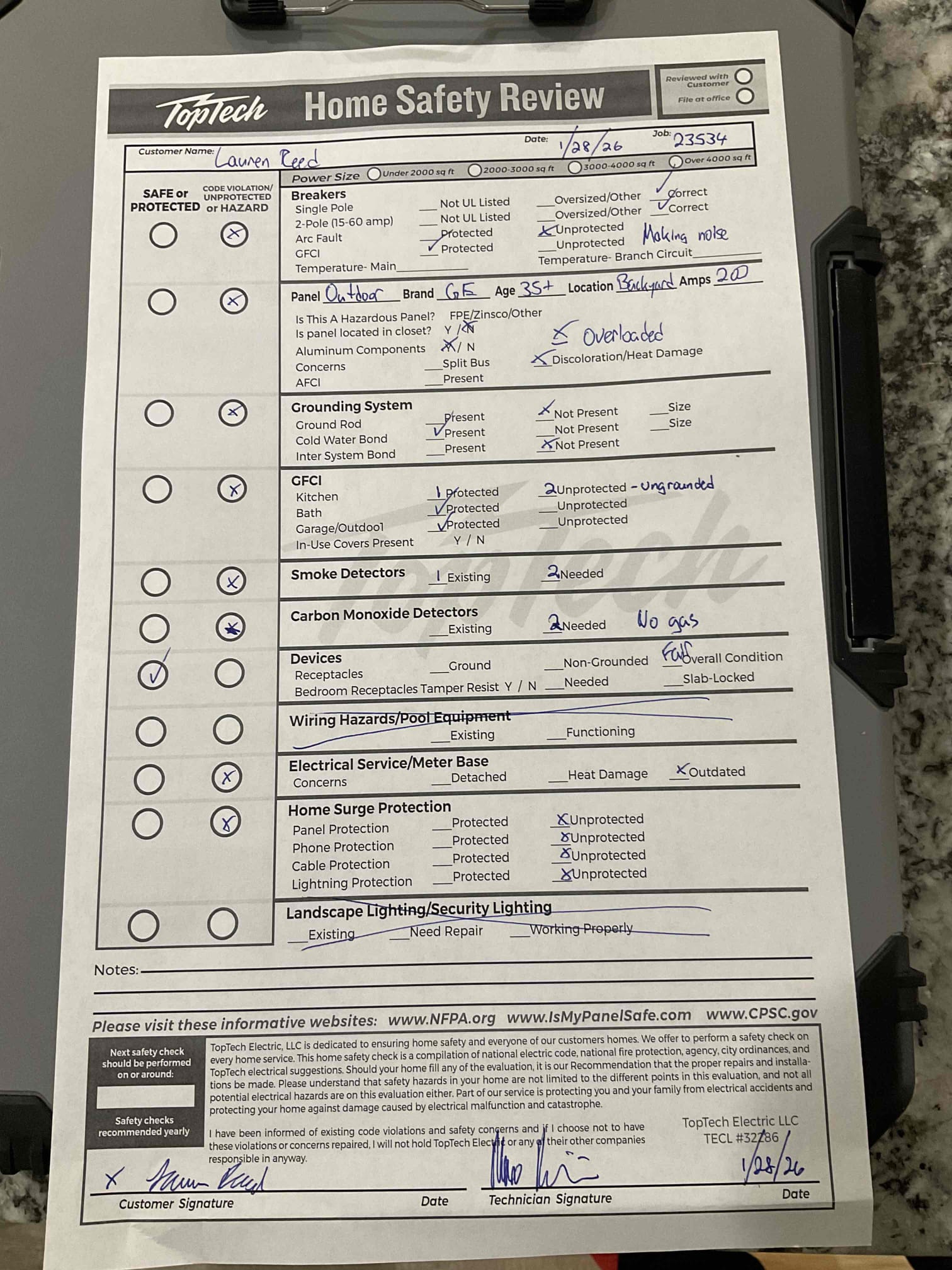 Customer called wanting repairs done to the circuit feeding the microwave, front living area and second floor front bedroom outlets, fixing exposed wiring for a water heater, rewiring the master bedroom ceiling fan, running a dedicated circuit to the microwave and addressing the original breaker box. Left options for all work described. Will return on 2/3 afternoon to discuss options with her boyfriend as well.

Marco@calltoptech.com
682-262-5759