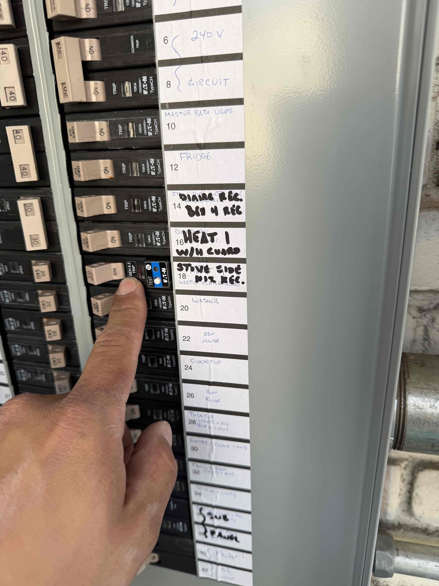 Customer had issue with breaker tripping controlling dishwasher and found that there were multiple countertop plugs on the same circuit. Explained it needs to be dedicated and that it will be very difficult running wire in the attic. Also started talking about refereeing power out to detached garage and fixing the wires out there. Customer needs to talk with husband about which option to go with.

Ran dedicated 100 amp circuit from main panel through attic to outside and ran conduit down outside under deck and into covered parking and ran cable to sub panel in detached building.  Replaced sub panel in building and installed ground rod and whole home surge protection.  Ran dedicated circuit to dishwasher, and kitchen outlet immediately left of the sink.  Ran Ethernet cable from router to office and hooked directly into computer.  Demoed Romex under building by pool and piped in and ran all new wiring and installed outlet on back deck. 