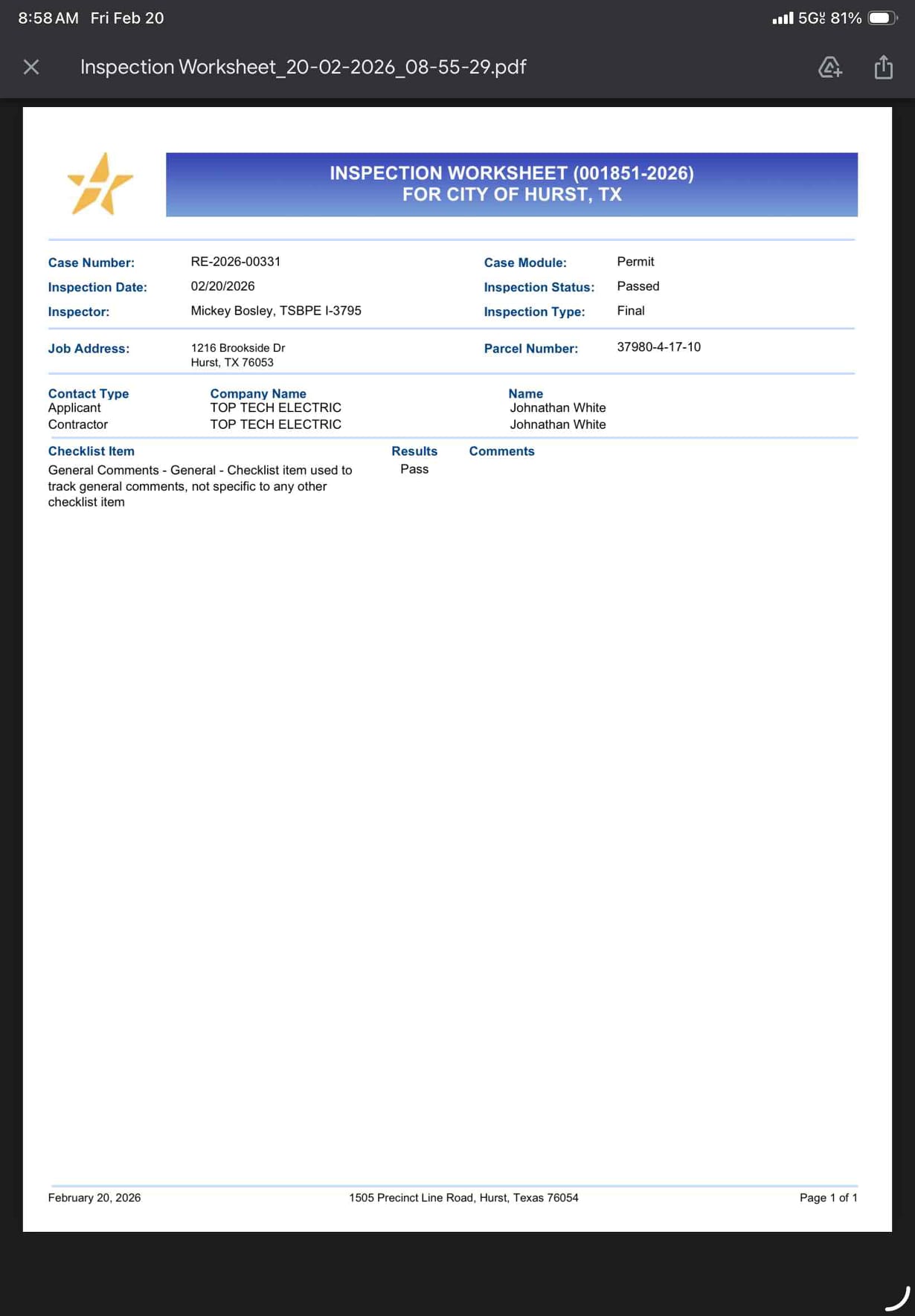 Met inspector onsite and passed final inspection.