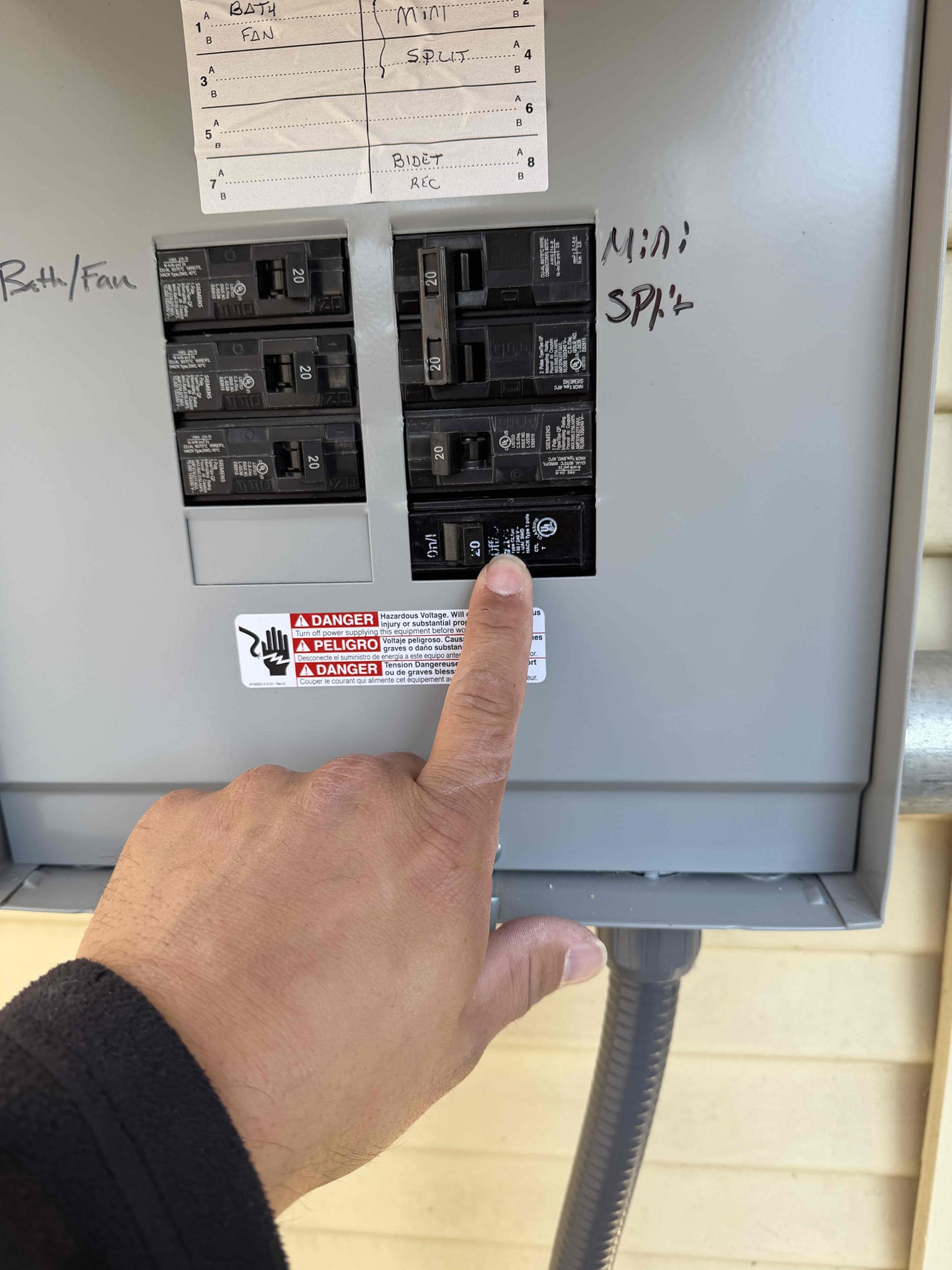 1. Run dedicated circuit for bidet 
2. Install 20 amp breaker with GFCI/AFCI protection 
3. Cut in handy box in bath

*minimum 5 year warranty on everything* 

Had to come back out to go over options with replacing electrical panel. 

Ran dedicated 20 amp circuit from sub panel to new toilet location and installed gfci for bidet circuit 