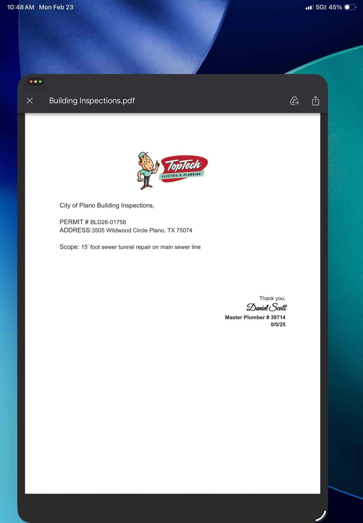 Met with city inspector onsite and hydrostatic tested the 15 foot of sewer repair to show the connections are sound and not leaking sewage into the ground. Emailed copy of diagram of work, scope of work that is signed off on, and photos of completed repairs.