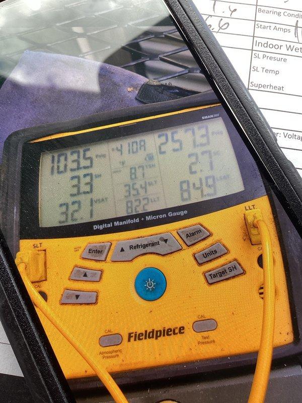 Performed comprehensive maintenance tune-up on 2019 ground-level outdoor HVAC unit experiencing increased operational noise due to lack of service over the past 2-3 years. Inspected and replaced dirty pleated air filter, measured system pressures and temperatures using digital manifold gauge, recorded superheat values, and verified refrigerant charge levels. All critical operating parameters were documented, system was cleaned, and unit was returned to proper operating specifications with reduced noise levels.