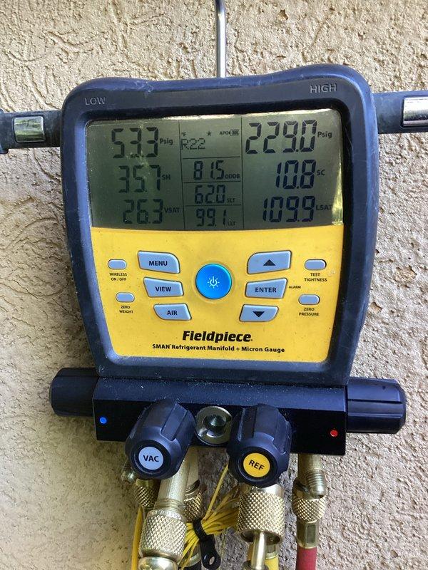 Responded to no cooling complaint on Goodman CACF042B2A system with R22 refrigerant. Connected manifold gauges and recorded operating pressures and temperatures to diagnose system performance. Evaluated 10+ year old split system with outdoor condenser and indoor furnace configuration to determine cause of cooling failure and documented findings with diagnostic readings.