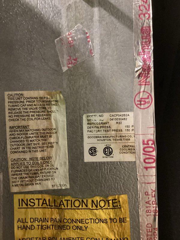 Responded to no cooling complaint on Goodman CACF042B2A system with R22 refrigerant. Connected manifold gauges and recorded operating pressures and temperatures to diagnose system performance. Evaluated 10+ year old split system with outdoor condenser and indoor furnace configuration to determine cause of cooling failure and documented findings with diagnostic readings.