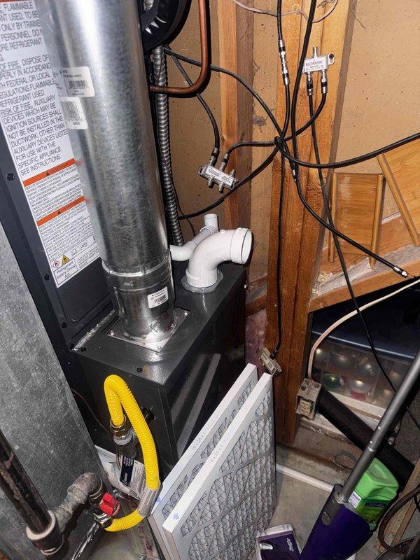 Responded to callback for 5-month-old HVAC system requiring adjustments. Upon inspection of basement-located furnace and associated equipment, verified proper installation of flexible ductwork, copper plumbing connections, gas line connections, and PVC condensate drainage. Checked air filter condition, confirmed secure electrical connections at junction box and unit, and ensured all mechanical components were operating within manufacturer specifications. System tested and adjustments completed as needed.