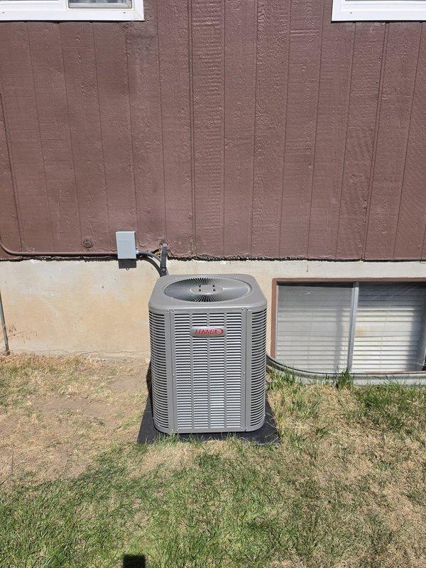 Completed full HVAC system installation including Lennox ML180UH070E36AK 80% efficiency furnace, ML13KC1-024 air conditioning unit with CK40CT-24A-71 evaporator coil, and T6 thermostat. Installed 16x25x5 filter cabinet with MERV 11 filters and positioned outdoor condenser on EL3030-3 equipment pad. Flushed and reused existing lineset, completed all electrical connections to code, and coordinated with plumbing contractor for water heater and softener relocation to accommodate proper ductwork drop and filter cabinet placement.