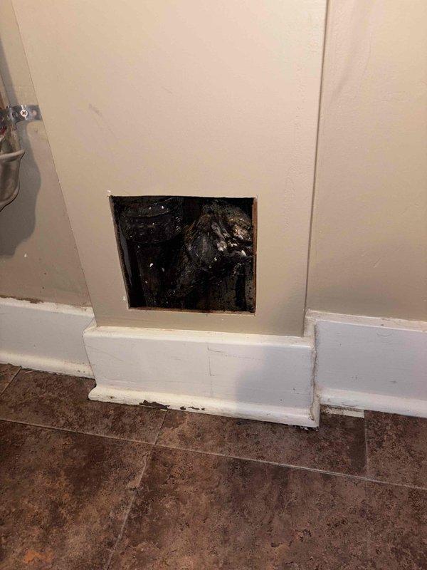Responded to kitchen sink backup with black water on main floor. Accessed drain line through wall opening to clear blockage and restore proper drainage. No chemical drain cleaners had been used prior to service call.