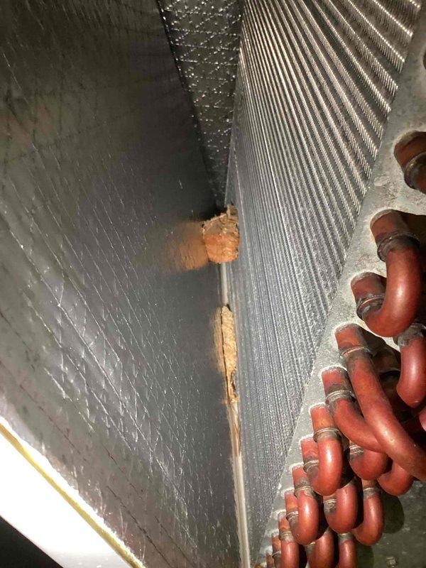 Responded to service call for HVAC system experiencing high-pitched whistling noise and short cycling on a six-year-old residential unit. Performed thorough inspection of air handler and ductwork components using borescope camera to identify source of noise. Discovered significant accumulation of dust and debris on lower blower motor assembly and heat exchanger fins. Inspected secondary heat exchanger with camera and confirmed it was clean with no damage or deterioration. Documented debris buildup on metallic fins and refrigerant lines with photos showing brown and tan material collected between components. Recommended thorough cleaning of affected components rather than replacement, as all parts were structurally sound and operational.