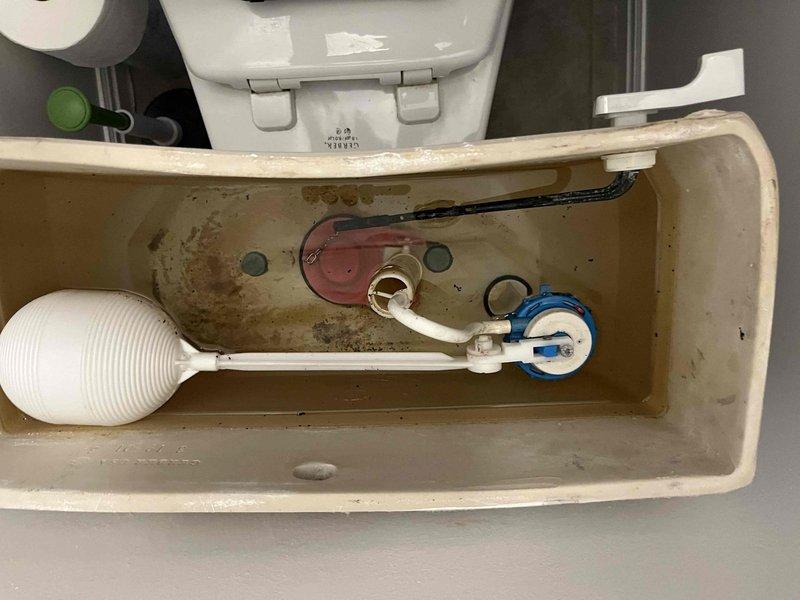 Responded to master bathroom toilet leak originating from tank-to-bowl connection. Upon inspection, identified compromised tank-to-bowl gasket and mounting hardware following recent municipal water line work that caused pressure surge. Removed toilet tank, replaced deteriorated spud washer and tank bolts with new components, reassembled unit, and tested for proper seal and functionality with no further leakage detected.