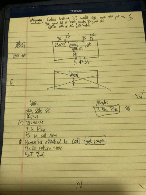 Performed comprehensive load calculations and system assessment for replacement of 20-25 year old residential HVAC system with single AC unit and furnace located in backyard and basement. Documented existing equipment specifications including ductwork measurements, coil dimensions (35-inch coil run), 4-inch flue, and humidifier attachment to coil. Calculated heating load requirements totaling 64,873 BTU at 80% efficiency and 54,061 BTU at 96% efficiency, and determined cooling load requirement of 1.9 tons based on building envelope analysis including windows, doors, wall insulation values, crawl space, roof insulation (R-11 and R-39), and infiltration factors.