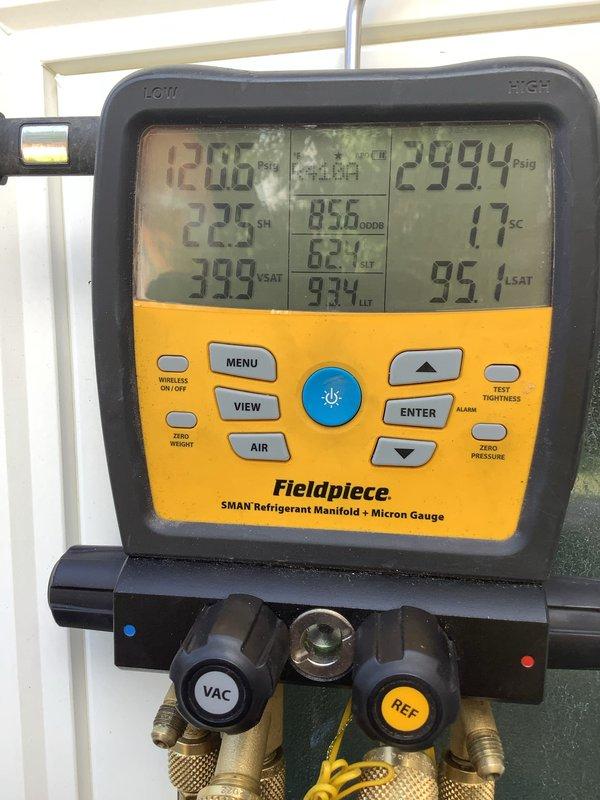 Completed comprehensive cooling maintenance on 10-year-old air conditioning system located in backyard with furnace in basement. Performed standard Green Shield maintenance protocol including refrigerant pressure and temperature diagnostics using digital manifold gauges. Measured and recorded system operating temperatures, superheat at 225°F, subcooling at 17°F, and verified proper refrigerant charge levels with readings showing low side at 1206 and high side at 2994. System operating within normal parameters with no reported issues or deficiencies found during inspection.