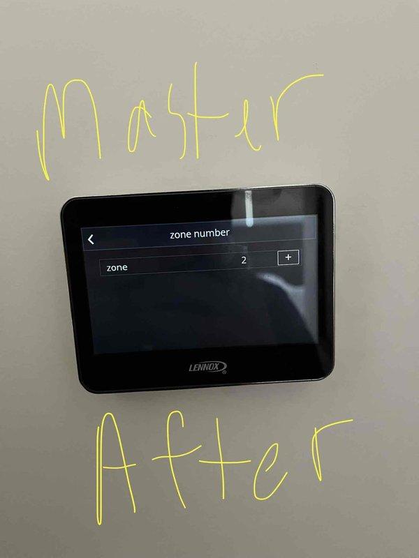 Responded to callback for zoning system malfunction with inaccurate thermostat readings and uneven temperature distribution throughout home. Diagnosed Lennox zoning control system where master bedroom thermostat displayed 59°F despite warm conditions, while basement thermostat read 71°F with excessively cold temperatures. Reconfigured zone assignments on thermostats, reassigning master bedroom from zone 2 to zone 3 to correct improper zone mapping causing reversed comfort conditions and inaccurate temperature calls to the system.