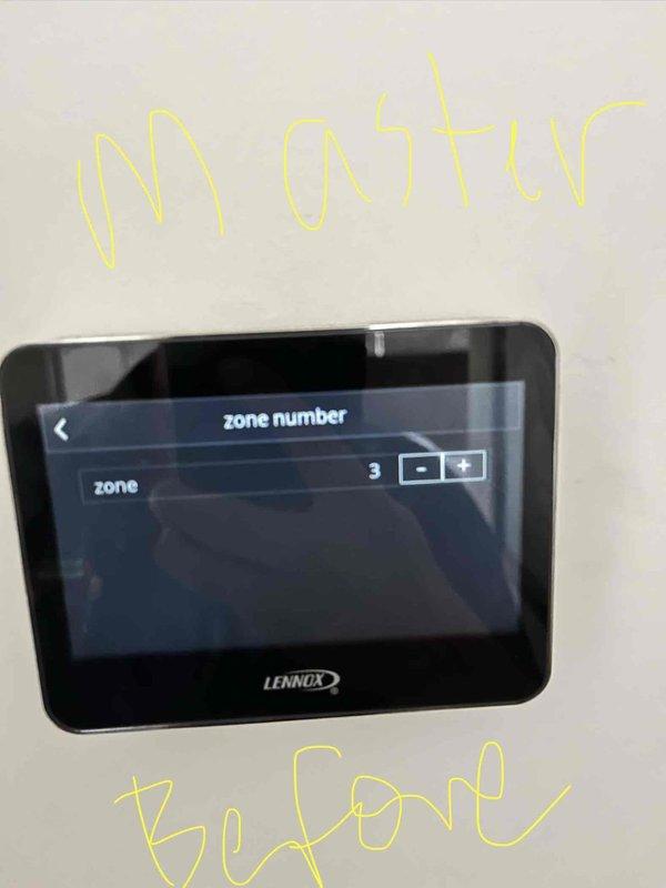 Responded to callback for zoning system malfunction with inaccurate thermostat readings and uneven temperature distribution throughout home. Diagnosed Lennox zoning control system where master bedroom thermostat displayed 59°F despite warm conditions, while basement thermostat read 71°F with excessively cold temperatures. Reconfigured zone assignments on thermostats, reassigning master bedroom from zone 2 to zone 3 to correct improper zone mapping causing reversed comfort conditions and inaccurate temperature calls to the system.