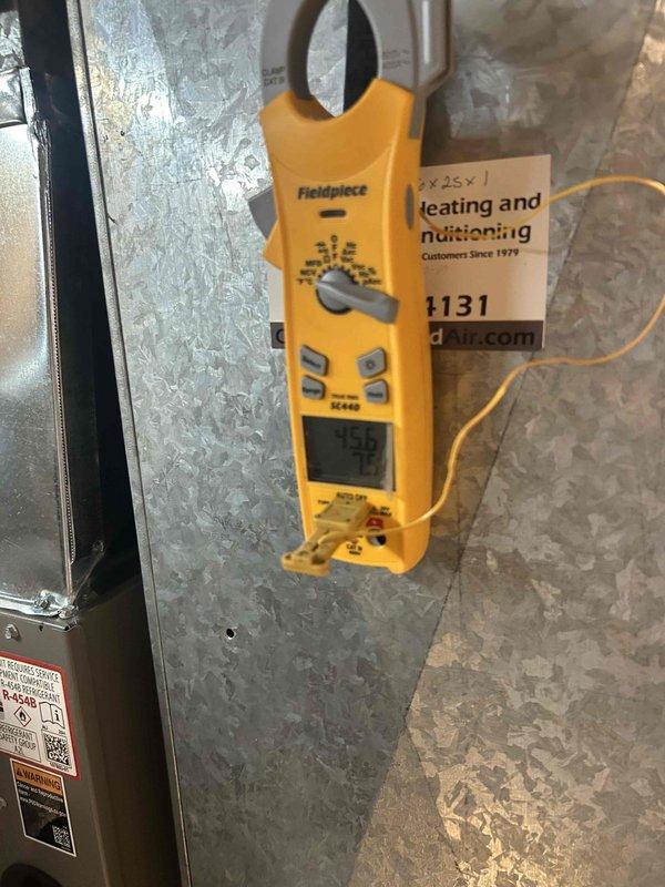 Responded to callback for cooling system not maintaining setpoint, with indoor temperature reading 82°F while thermostat set to 69°F. Performed diagnostic testing on recently installed Lennox ML13KC1-036-230 air conditioning unit with CK40CT-30/36B-71 evaporator coil and RDS communicating board. Verified electrical performance at indoor air handler using digital multimeter, checked blower motor operation, and inspected all system components for proper function following initial installation. System tested and confirmed operational with proper cooling cycle engagement and thermostat communication.