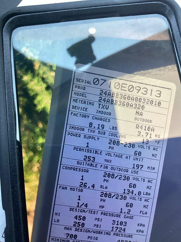 Responded to urgent AC repair call and performed comprehensive Cool 10+ maintenance inspection on residential air conditioning system. Documented refrigerant pressures and temperatures at multiple test points on outdoor condensing unit, recording measurements including bulb temperatures and system pressures. Inspected manufacturer specifications on 24ABB series unit with factory charge of 5.19 lbs refrigerant, verified electrical specifications including 208-230V single-phase power supply, compressor rated at 9.4 RLA, and 1/4 HP fan motor at 1.34 FLA. Coordinated follow-up regarding parts availability for recommended repairs and awaiting customer approval to proceed with estimate.