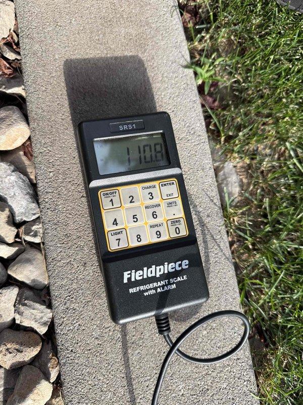 Responded to no cooling complaint at residential townhouse property. Upon arrival, performed comprehensive diagnostic evaluation of single outdoor condensing unit and basement furnace system. Utilized Fieldpiece refrigerant scale to verify system charge levels, recording refrigerant weight measurements during assessment. Conducted airflow and temperature differential measurements at supply register using UEI digital testing equipment to evaluate system performance and identify cooling deficiencies. Completed full system inspection per Cool 10+ maintenance protocol, including visual examination of outdoor unit components, electrical connections, and refrigerant lines. Verified eligibility for available service program discounts prior to presenting repair options and recommendations to property owner.