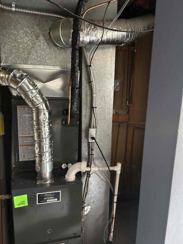 Completed full system installation of 80% efficiency furnace (GR9S800803BN), 3-ton AC unit (GLXS3BN3010), and evaporator coil (CAPTA3022B3). Installed pressure switch from inventory, 16x25x5 MERV 11 filter, and filter cabinet. Flushed and reused existing lineset, charged system with R32 refrigerant. Verified system pressures and operation with manifold gauges showing proper subcooling and superheat readings. System operating within manufacturer specifications. Note: TXV and filter drier will require replacement on follow-up visit to ensure optimal long-term performance.