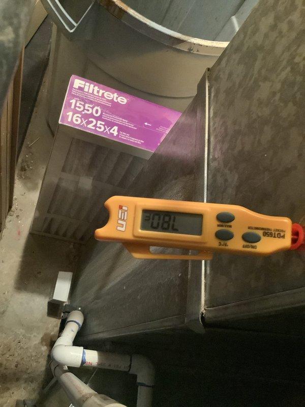 Responded to cooling complaint with indoor temperature reaching 80°F despite all three AC units running. Performed comprehensive inspection of all three systems (ages 15, 10, and 3 years) located on north and south sides of property. Measured supply air temperature at 38.2°F, confirming adequate cooling capacity. Verified Filtrete 1550 filter (16x25x4) in air handler, checked condensate drain lines, and inspected all mechanical components for proper operation. All units found operating within normal parameters with no refrigerant issues, icing, or mechanical failures detected.