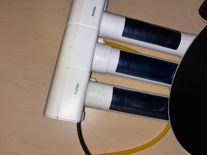 Replaced filter cartridges on a three-stage water filtration system that had been in service for approximately 20 years. Removed and replaced prefilter and primary filter cartridges, ensuring proper sealing and connection of all housing units. Additionally, resealed two sink fixtures to address leaking issues and restore proper watertight integrity.