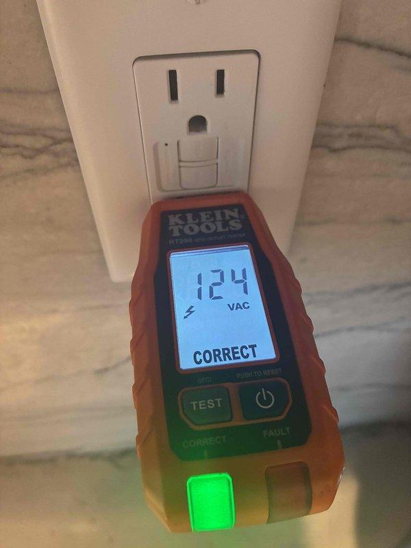 Completed annual electrical maintenance inspection for membership plan. Tested all accessible outlets throughout the residence using Klein Tools electrical tester, verifying proper voltage (124 VAC) and correct wiring configuration. Inspected main electrical panel, tested circuit breakers for proper operation, and verified all connections at main lugs and ground terminals were secure and free of arcing or overheating.