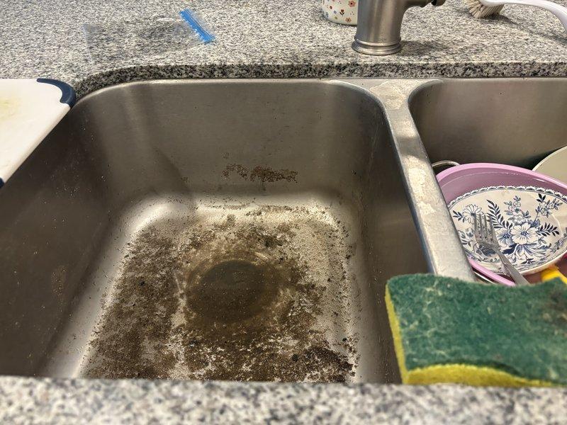Responded to kitchen sink drainage issue where left basin was not draining and standing water with heavy sediment accumulation was present. Inspected double-basin sink with dual garbage disposal configuration and P-trap assemblies beneath. Cleared blockage in drainage system, restoring proper flow to affected fixture.