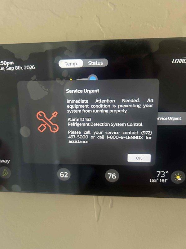 Responded to service callback on newly installed Lennox AC system displaying Alarm ID 163 "Service Urgent" error for refrigerant detection system control fault. Upon arrival, confirmed thermostat alert indicating equipment condition preventing system operation. Accessed control board and inspected refrigerant detection system components, wiring connections, and PCB assembly for potential installation-related issues. Verified all wire terminations at terminal blocks, checked sensor connections, and evaluated control board for proper communication with refrigerant monitoring system. Cleared alarm code and cycled system to verify proper operation and confirm resolution of refrigerant detection fault.