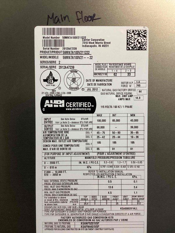Completed Gold level preventative maintenance on two complete HVAC systems at residential property. Performed comprehensive heating maintenance on both furnaces, including one Carrier 59MN7A100V211222 unit located in basement (manufactured July 2012) and second unit in upstairs closet. Conducted full cooling maintenance on two exterior condenser units positioned on ground-level concrete pads along exterior brick wall. All systems inspected, tested, and confirmed operational per manufacturer specifications.