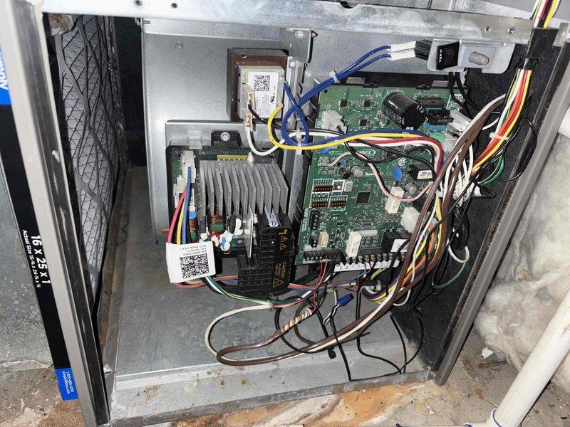 Completed fall HVAC maintenance inspection on furnace/air handler system as part of membership plan. Performed comprehensive inspection of internal components including inducer motor assembly, heat exchanger, control board, wiring connections, and electrical systems. All components found to be in operational condition with proper wire routing and secure connections throughout the cabinet.