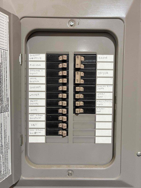 Completed comprehensive electrical maintenance inspection as part of membership plan. Inspected main 200-amp circuit breaker panel, verifying proper operation of main disconnect switch and all branch circuit breakers. Verified all circuit breakers were properly labeled and identified, including basement lighting, well pump, kitchen appliances, HVAC equipment, laundry circuits, and outdoor circuits. Checked for signs of overheating, loose connections, and proper panel organization. Confirmed all breakers functioning correctly with no tripping issues reported. Panel showed normal aging with no immediate safety concerns identified.