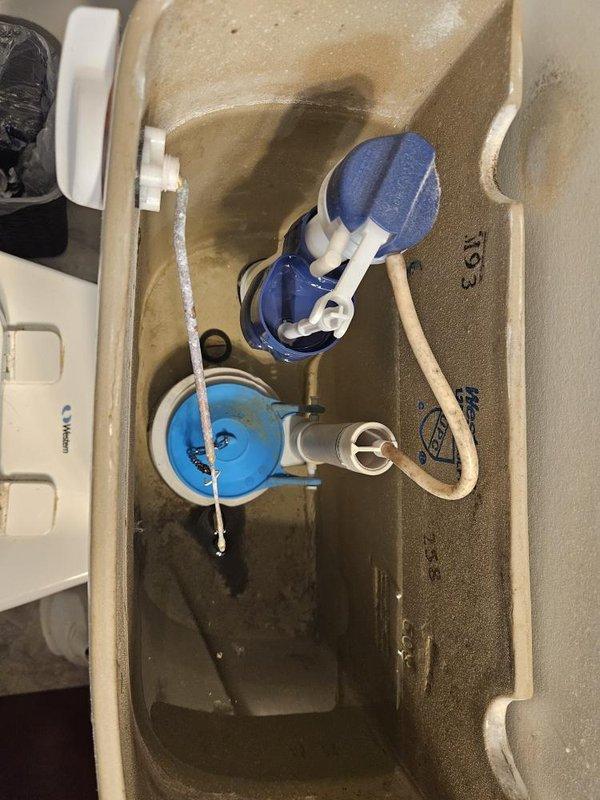 Responded to service call for toilet fill valve issue in bathroom. Upon inspection, found toilet tank with significant mineral buildup and discoloration indicating age-related wear. Assessed internal flushing mechanism including flush valve and fill valve assembly with float mechanism. Additionally inspected sink drain stopper assembly during visit. Diagnosed fill valve malfunction and completed necessary repairs to restore proper toilet function.