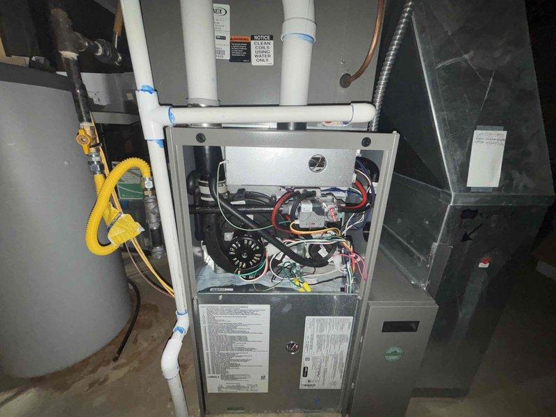 Completed annual heating maintenance on two gas furnaces per membership agreement. Performed comprehensive tune-up on 8-year-old Lennox furnace located in basement and 3-5 year old unit in upstairs closet. Inspected blower assemblies, electrical connections, and burner components on both systems. Verified proper operation of all safety controls, checked gas pressures, and examined venting systems including PVC condensate drainage. Cleaned and inspected heat exchangers, confirmed adequate airflow, and tested thermostat operation. Both units operating within manufacturer specifications with no issues found.