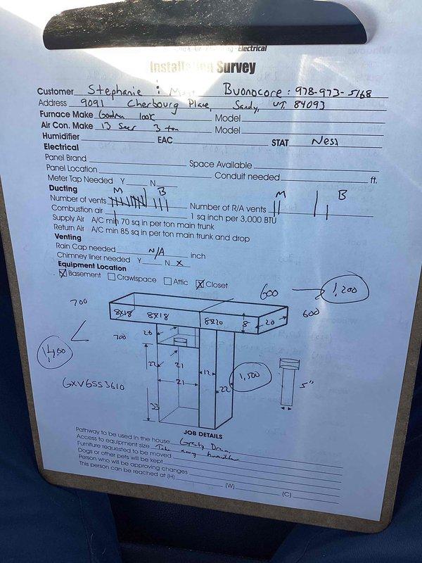 Responded to no cooling complaint on 8-year-old residential HVAC system with evaporator coil freezing issues despite previous cleanings and adequate airflow. Diagnosed refrigerant restriction in the system and provided estimate for repair along with replacement options for the aging 3-ton unit installed in basement closet location.
