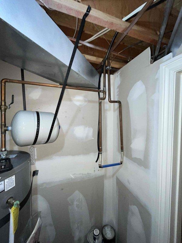 Completed annual plumbing maintenance inspection including pressure test, water purity test, and water heater flush on dual Rheem Professional water heater system. Both 8-year-old units inspected and serviced with proper venting, gas line connections, copper piping, and expansion tank verified to be in working order.