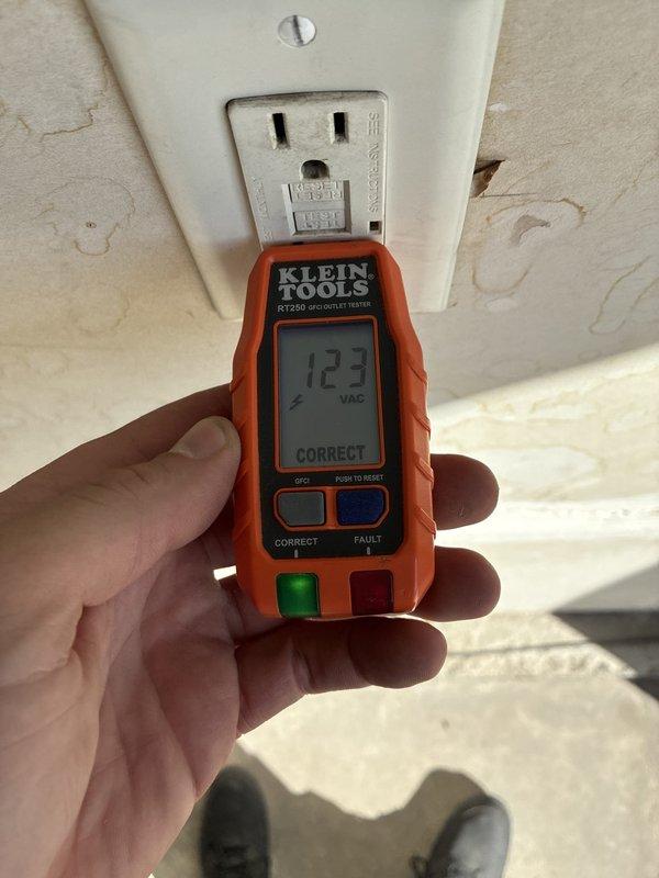 Completed comprehensive electrical maintenance inspection as part of recurring membership service. Tested multiple GFCI outlets throughout the property using Klein Tools RT250 digital outlet tester, verifying proper voltage readings of 123-124 VAC and correct wiring configuration on all receptacles inspected. All outlets tested displayed "CORRECT" status with no ground faults or wiring issues detected, confirming electrical system is functioning safely and within normal parameters.