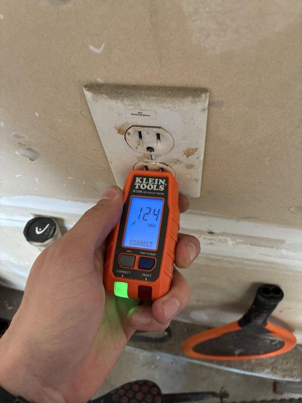 Completed comprehensive electrical maintenance inspection as part of recurring membership service. Tested multiple GFCI outlets throughout the property using Klein Tools RT250 digital outlet tester, verifying proper voltage readings of 123-124 VAC and correct wiring configuration on all receptacles inspected. All outlets tested displayed "CORRECT" status with no ground faults or wiring issues detected, confirming electrical system is functioning safely and within normal parameters.