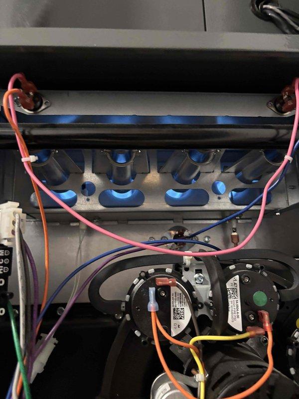 Responded to a no-heat complaint on a 4-year-old gas furnace that was circulating air at 63°F without producing warm air. Inspected the burner compartment and confirmed the burners ignited with a steady blue flame, then checked the flame sensor, limit switches, pressure switches, tubing, and wiring connections, finding no visible damage, corrosion, or loose terminals. Also inspected the humidifier pad and housing, which showed no frost, ice, or heavy rust.