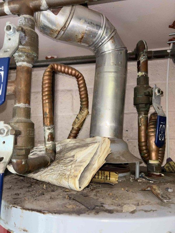 Performed an on-site assessment of two existing 40-gallon gas-fired water heaters for replacement with a heat pump water heater system sized to support a high-volume soaking tub. Inspected the exterior natural gas meter assembly and the water heater tank tops, documenting a galvanized flue with an angled elbow, tarnished copper flex connectors and NIBCO brass shutoff valves with mineral deposits and discoloration at the joints, and accumulated dirt, debris, and rust scrap on the tank. Evaluated the installation space and existing gas, water, and venting connections to determine scope for the conversion and applicable energy-efficiency rebate eligibility.