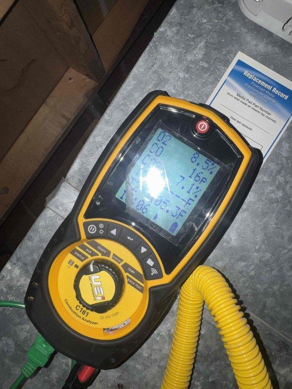 Performed annual heating maintenance on one furnace, including inspection of the blower assembly, which showed a light coating of dust on the squirrel-cage wheel blades with no signs of rust, damage, or imbalance. Conducted combustion analysis with a UEI C161 analyzer, recording O2 at 8.5%, CO2 at 7.1%, and CO at 16 ppm, with stack temperature near 105°F, confirming safe and efficient operation. Documented the polarized media electronic air cleaner replacement record for future reference.