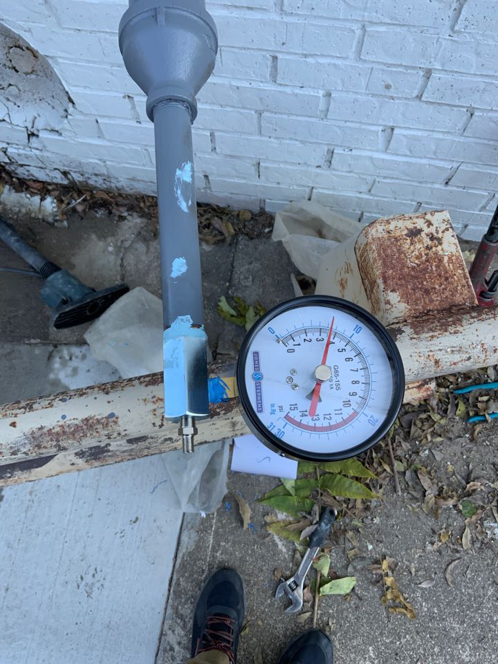 Commercial building gas pressure test. Pressure test failed. There is a leak within the gas system.