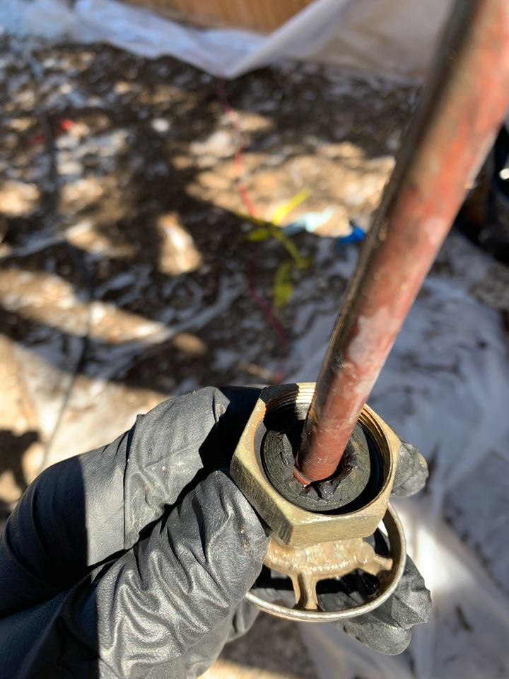 Outdoor faucet/hose bib is leaking. Inspected and found packing nut gasket dry rotted and cracked, which is preventing the hose bib from fully shutting off