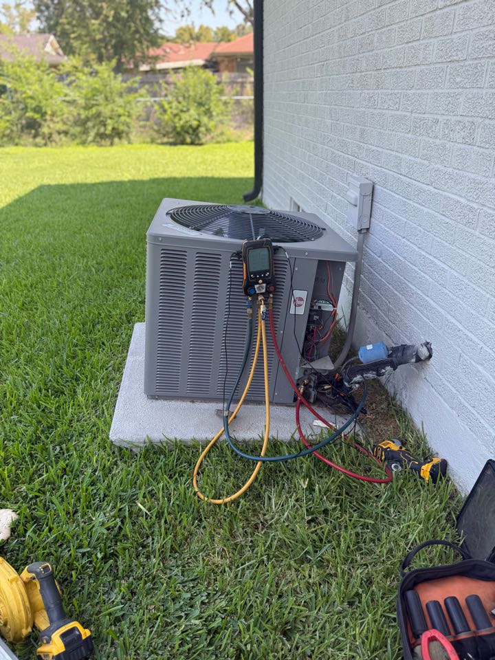 Performed annual cooling tune up and safety inspection with included drain clearing service and condenser rinse on a Rheem system in Dallas.