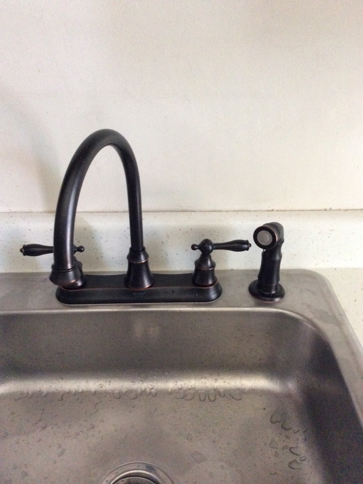 Remove old leaking faucet and install customer supplied faucet with side spray