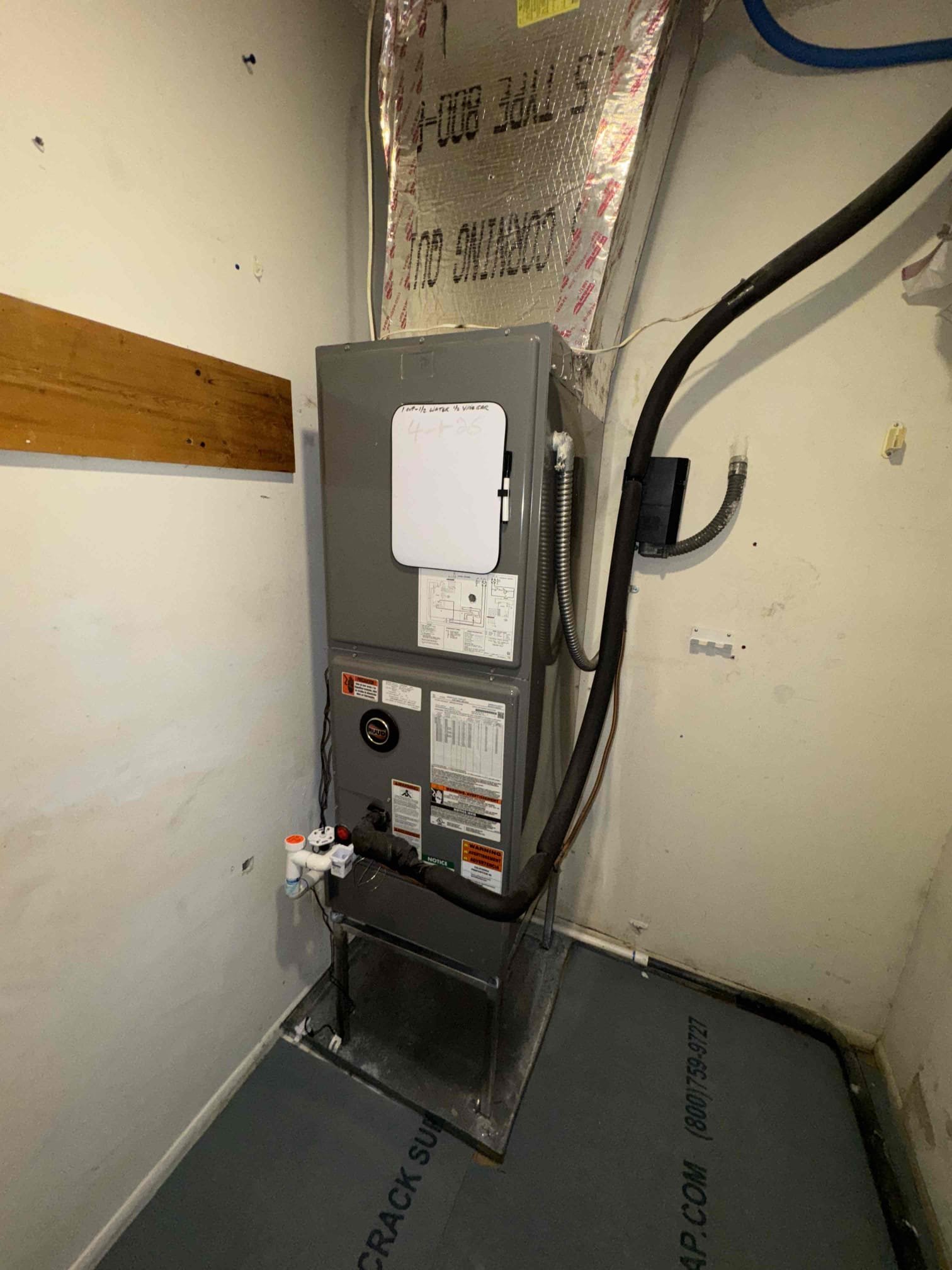 No cool
Upon arrival found blank thermostat. Homeowner explained that the system did not have any issues until her flooring guys left. After inspection found that the air handler has been pushed back and to the left about 3 inches. This caused the supply plenum joints to become disconnected, causing a very large air leak. No cool was caused by bad pan float switch which could have also been damaged when flooring guys moved the air handler. Replaced float switch and tested before departure. Also tested primary float switch. Resealed supply plenum with spray adhesive, foil tape and mastic sealant to ensure there are no more air leaks. 