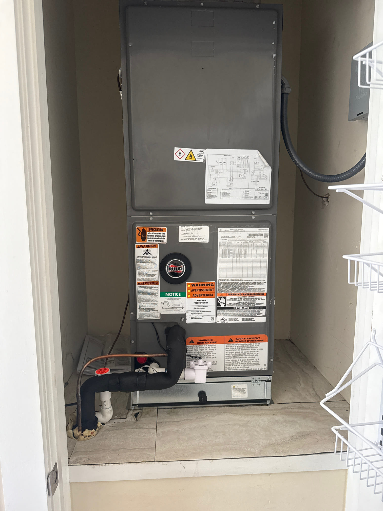 Furnish and install the following 
3 ton Ruud 15.2 SEER2 heat pump split system with 5kw heater
Bring Plywood 
Genie lift
Anchor condenser
1” filter rack
Primary float
Clear drain
Uv rated armoflex for outdoor copper
Refrigerant locking caps
Remove existing equipment 
Connect to existing ducts and electric 
Seal unit to code
Program existing thermostat
10 year parts warranty 
3 year labor warranty 
Tax labor and permit included 
Includes refund of $95 service fee.